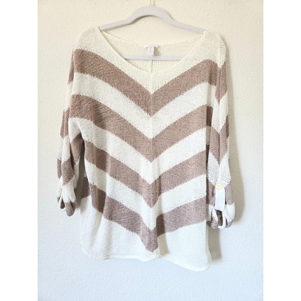 Chico's 2 Womens Chevron Stripe V-Neck Roll-Tab Sleeve‎ Sweater White Beachy